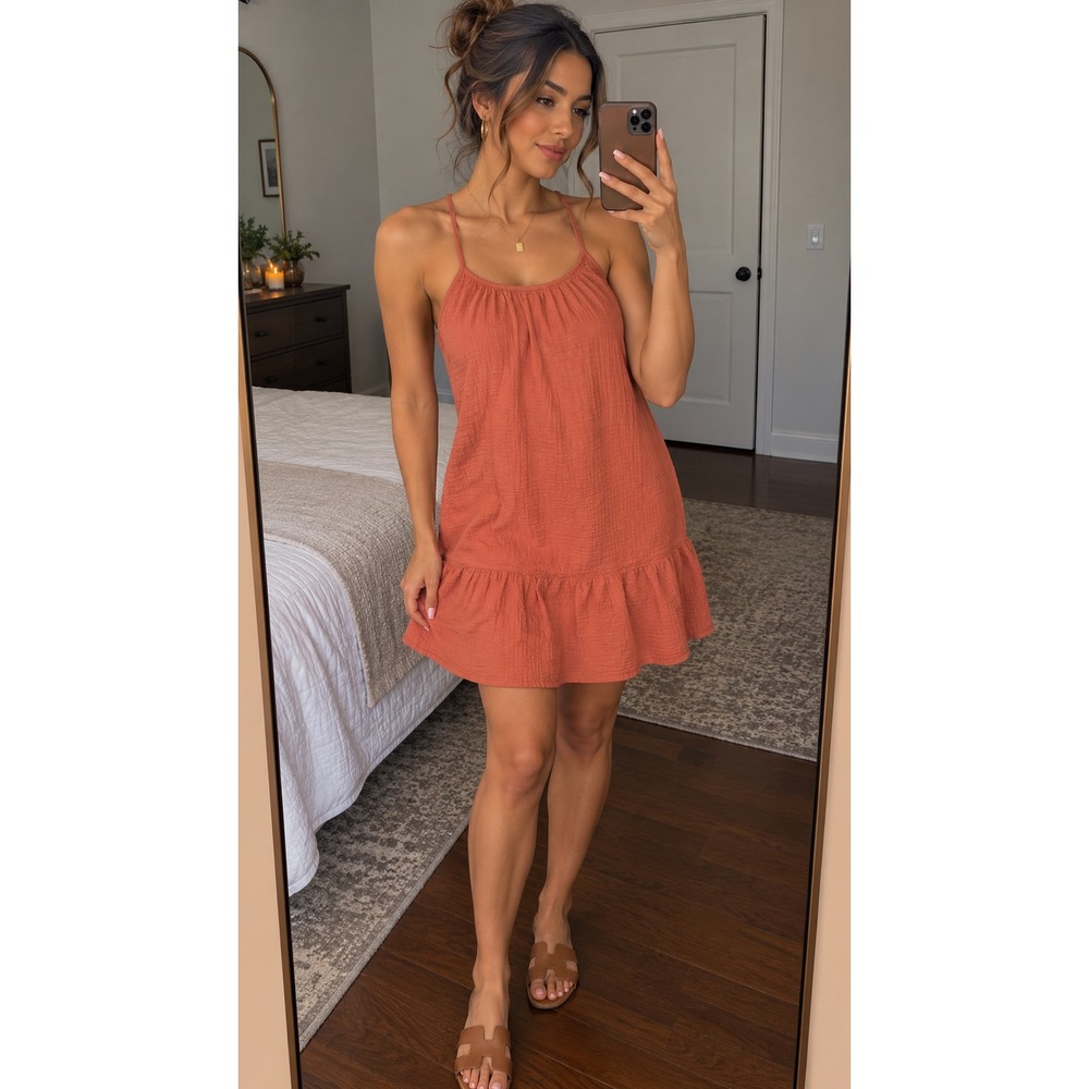 Universal Thread Women Coral Orange Gauze Mini Dress Medium Tiered Ruffle Hem